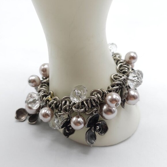 Vintage Silver Tone Charm Flower Bracelet With Faux Pearl Crystal Cha Cha - Picture 2 of 5